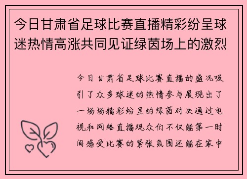 今日甘肃省足球比赛直播精彩纷呈球迷热情高涨共同见证绿茵场上的激烈对决